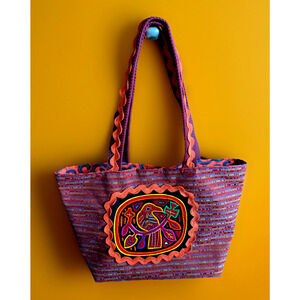Custom Made Panama Tote Bag Parrot Mola Wine and Salmon Color 20" w x 14"x7"